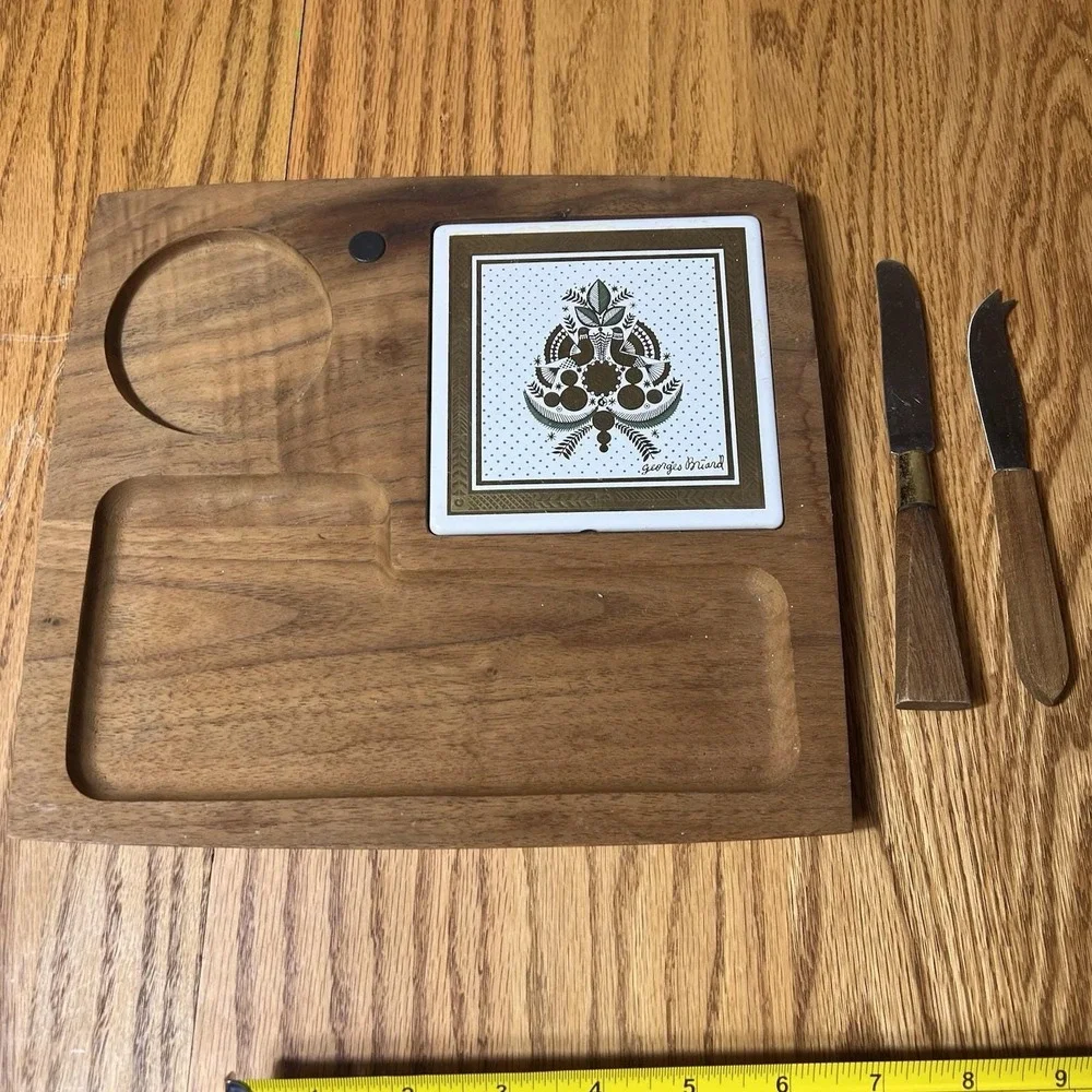 Vintage Georges Briard Cheese Board Set MCM Wood Tile Charcuterie w Knives